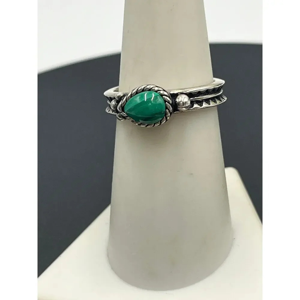 CAROLYN POLLACK‎ 925 Silver Vintage Tear Drop Malachite Band Ring Sz 7.5